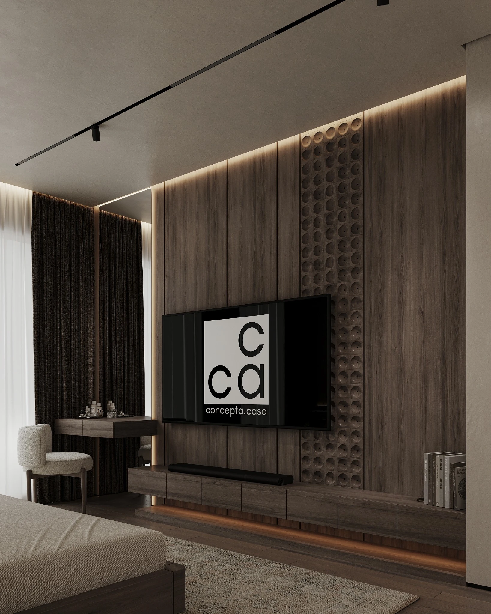 Интерьер спальни Concepta Casa — ТВ-зона и деревянные панели